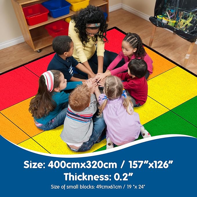 Booooom Jackson Classroom Rug Elementary, Large Classroom Carpet Preshool Seating Rug for School, Classroom Area Rug Educational Carpet with Non-Slip Backing (10'5" x 13', Rainbow Seats)