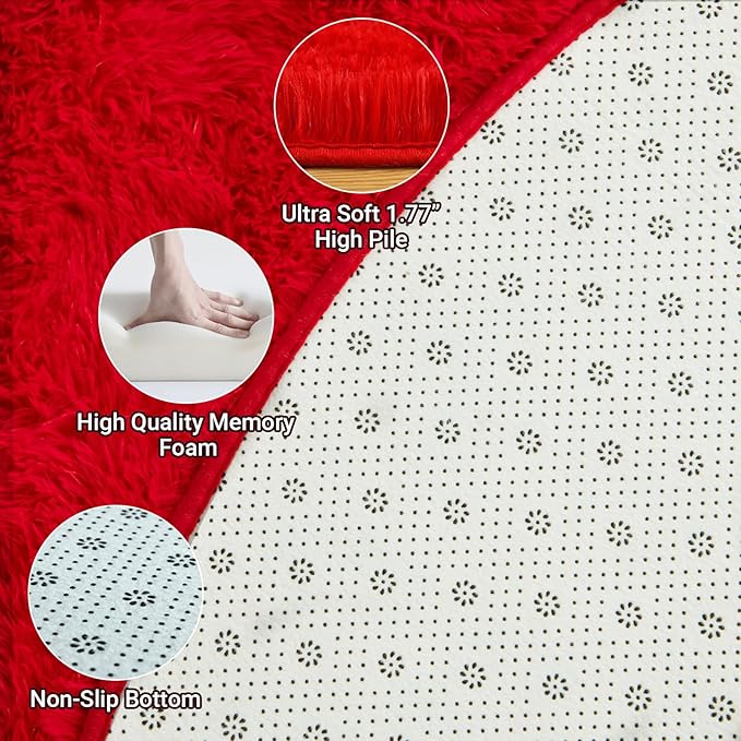 LOCHAS Luxury Round Fluffy Area Rugs for Bedroom Kids Girls Room Nursery, Super Soft Circle Rug, Cute Shaggy Carpet for Children Living Room, 5x5 Feet Red