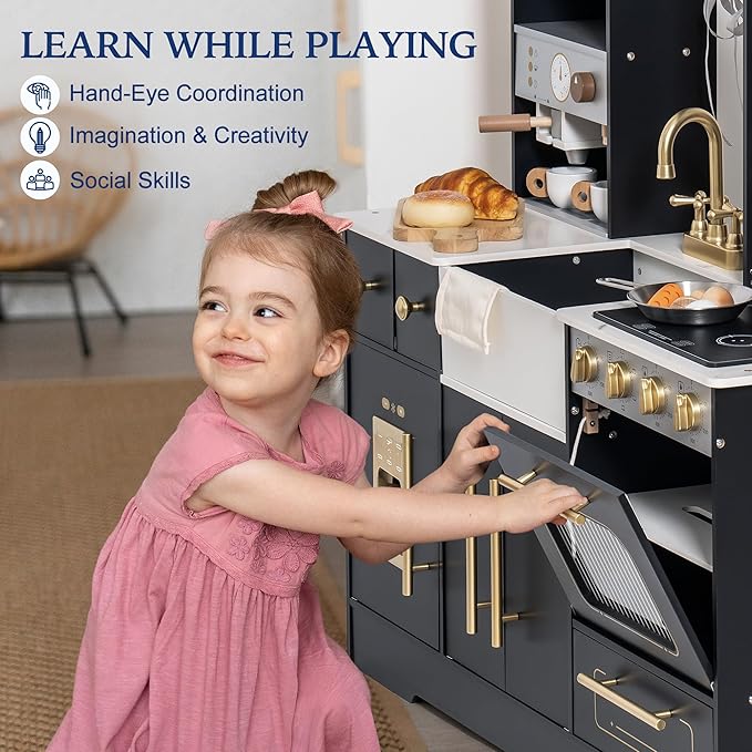 ROBOTIME Wooden Play Kitchen for Toddlers and Kids, Toy Kitchen Set with Ice Maker and Coffee Machine, Realistic Toddler Kitchen Set, Gift for Girls Boys Ages 3+