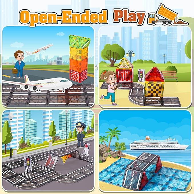 Magnetic Tiles Kids Construction Toys - Road Set with Magnet Crane for Boys Age 3-5 4-8 8-10, Magnet Building Blocks Expansion Pack Toy Car Track Train Set, Road, Dolls, Traffic Lights and Stations