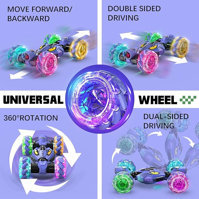 Gesture Sensing RC Stunt Cars - Toys for Boys Girls 6-12 | Best Gifts for Kids 6+ Years Old | 4WD 360° Rotating Remote Control Transform Car | All-Terrain Off Road Vehicle with Lights Music Purple