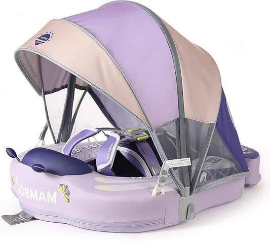 Mambobaby Float Add Tail Baby Swim Float with Canopy Solid Pool Infant Swim Trainer Swimming Training Lying Air Free Water Floats Non-Inflatable Waist Swim Ring for Toddlers (Butterfly-Purple)