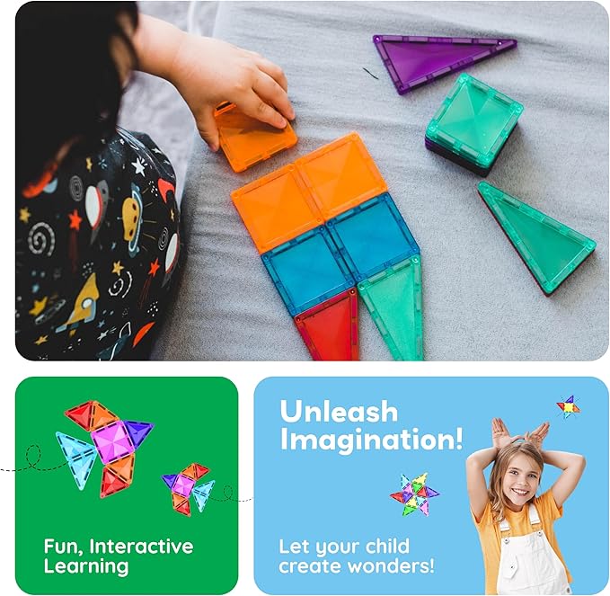 PicassoTiles 80 Pieces Magnetic Building Tiles Magnet Toys Diamond Educational Playset for STEM Sensory Gifts Kid Brain Development Stacking Blocks Construction Set