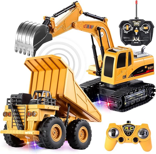JOYIN 2 PCS Remote Control Construction Vehicle Toy Set, Friction-Powered RC Excavator & RC Dump Truck with Lights and Sounds for Imaginative Play, Birthday Gifts for Toddlers Boys Girls