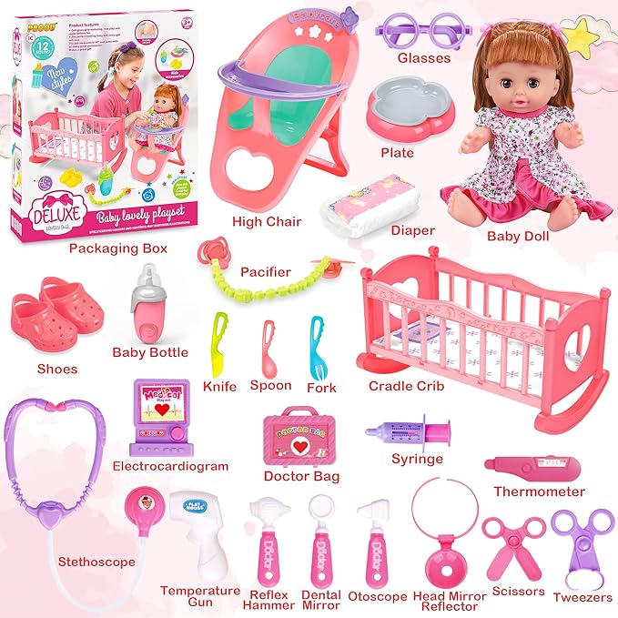 Baby Doll Toys Set, 14" Doll Toys, 25Pcs Dolls Care Toy Playset, Toddlers Toy Doll Set Incl Cradle Crib, High Chair, Milk Bottle, Pacifier, Diaper, Baby Gift for Age 3 4 5 6+ Years Old Girls Boys