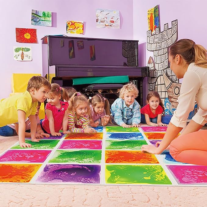 Sensory Liquid Floor Tiles for Autism, Activity Play Mats for Kids,Sensory Early Learning Room, Square Decorative Tiles Multi-Color with Anti-Slip Backing 12" X 12" Pack of 9 PCS