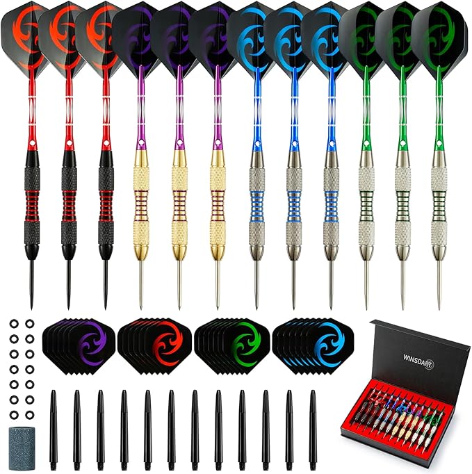 Darts Metal Tip Set Professional Metal Darts for Dartboard Steel Tip Darts with Nonslip Iron Barrel Aluminum Dart Shafts,Extra Flights,Dart Sharpener,Gift Box