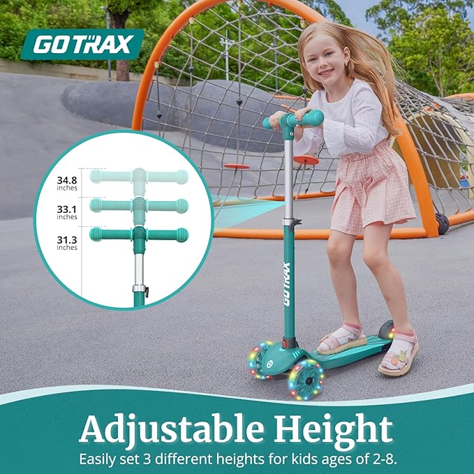 Gotrax KS1 Kids Kick Scooter, LED Lighted Wheels and 3 Adjustable Height Handlebars, Lean-to-Steer & Widen Anti-Slip Deck, 3 Wheel Scooter for Boys & Girls Ages 2-8 and up to 100 Lbs