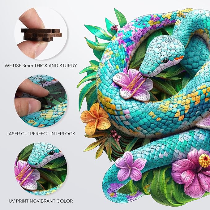 Snakes Wooden Puzzle for Adults, Animals Jigsaw Puzzles 200 Piece, Unique Shapes Family Reunion Puzzle for Adults and Kids, Beautiful Package, Best Gift for Family Friends Medium 11.4x11.4in