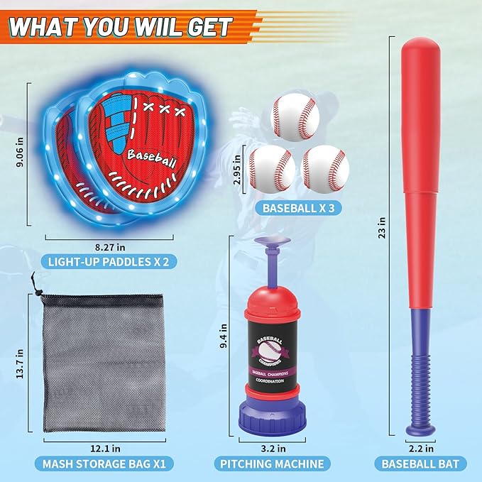 Gifts2U Baseball Toss and Catch Game Set - Indoor Outdoor Sports Toy with 2 Catch Paddles, 3 Sticky Balls, Baseball Bat, Pitching Machine and Storage Bag, Perfect for Backyard Fun Family Games