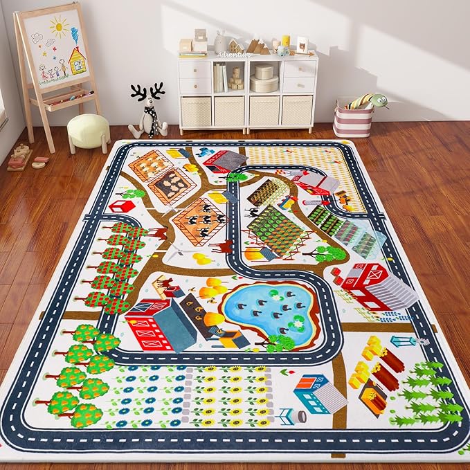 Kids Rug Play Mat for Toy Cars, 59"×78.7" Farm Life Road Traffic for Playroom Kids Car Road Rugs Village Map Play Mat Non-Slip Washable Play Rug for Toddlers Boys Room Family Tummy Time Playtime White