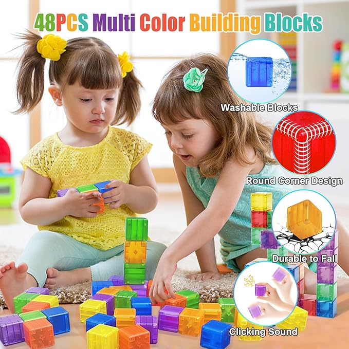 48PCS Magnetic Blocks - 1.38 inch Building Blocks for Toddlers, STEM Building Toy for Kids, Montessori Toys for 2 3 4 5 6+ Year Old, Magnet Sensory Travel Toys Christmas Birthday Gifts for Boys Girls