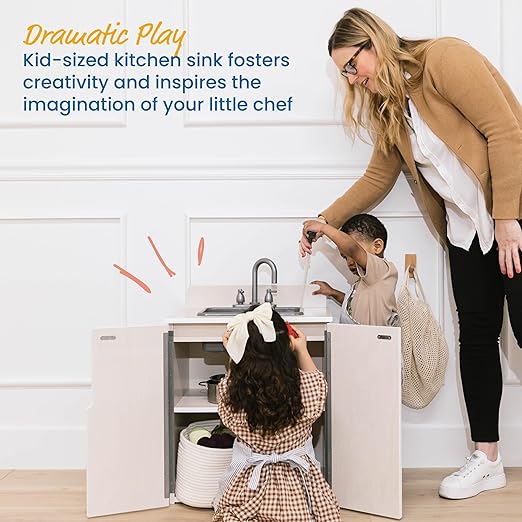 ECR4Kids Play Kitchen Sink, Wooden Playset, White Wash