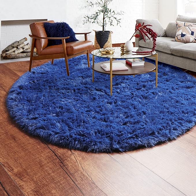 ONASAR Navy Blue Round Area Rugs 5ft, Soft Bedroom Circle Rug Floor Mat for Kids Girls Boys Teen Room, Fluffy Plush Shaggy Carpet for Baby Nursery Living Room Playroom Dorm Home Decor