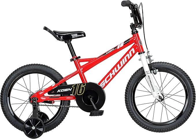 Schwinn Koen BMX Style Toddler and Kids Bike, For Girls and Boys, 16-Inch Wheels, With Saddle Handle, Training Wheels, Chain Guard, and Number Plate, Recommended Height 38-48 Inch, Red