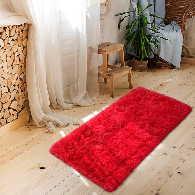 Amearea Shag Fluffy Small Rug, 2x4 Feet Throw Rugs for Bedroom Girls Living Room, Extra Soft and Fuzzy Shaggy Carpet, Non Slip, Solid Color Nursery Home Floor Decor Carpets, Red
