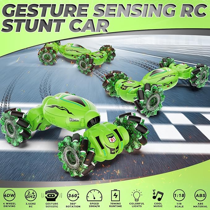 Dysaim Gesture RC Car, Gesture Sensing RC Stunt Car Toys for Kids 6-12 yr, 2.4GHz 4WD Hand Remote Control with Lights Music, Off-Road 360° Rotation Drift for Birthday Toy Gifts