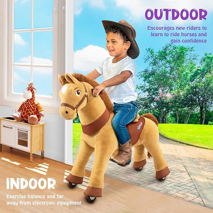 PonyCycle Ride on Horse Ride on Toys Riding Horse Ride on Pony for Toddlers 3-4 with Brake Essential Model E (30" Height/Size 3/ Light Brown) Riding Toys for Kids Gifts Plush Animal Pony Ride E336