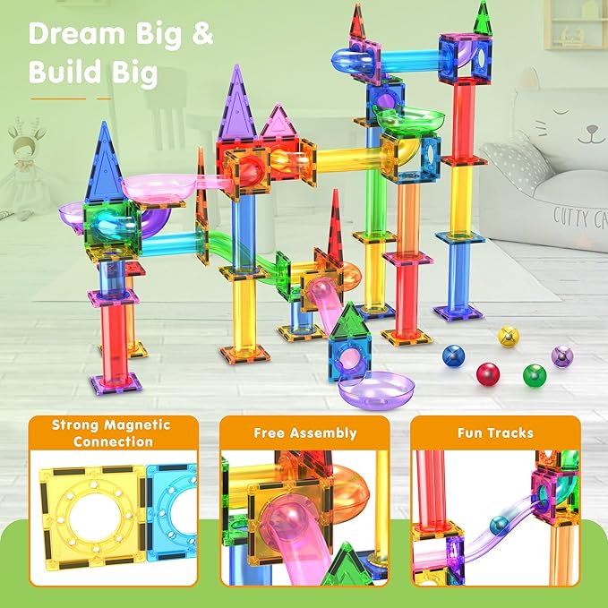 PicassoTiles Marble Run 150-Piece Magnetic Tile Race Track Toy Play Set STEM Building & Learning Educational Magnet Construction Kit Child Brain Development Toys Boys Girls Age 3 4 5 6 7 8+ Years Old