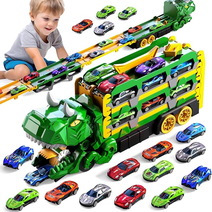 Toddler Car Truck Toys Gifts for 3 4 5 Years Old Boys, Dinosaur Transport Truck Cars Tracks Toys with 12 Pcs Die-Cast Cars, Transforms into Dino, Toy Gifts for 3 4 5 6 Year Old Boys