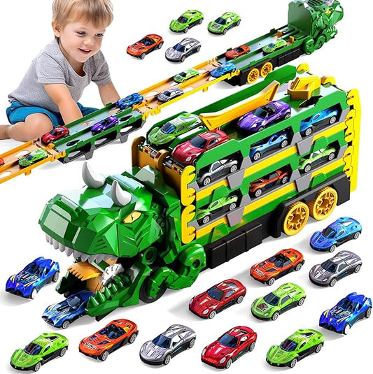 Toddler Car Truck Toys Gifts for 3 4 5 Years Old Boys, Dinosaur Transport Truck Cars Tracks Toys with 12 Pcs Die-Cast Cars, Transforms into Dino, Toy Gifts for 3 4 5 6 Year Old Boys