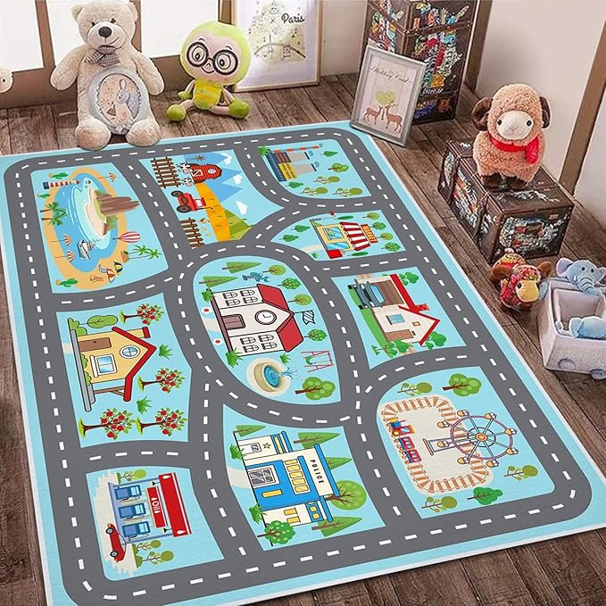 Kids Rug Car Rugs Play mat Carpet for Kids Toy Cars for Playroom Classroom Kids Room, Educational Area Rugs with Non-Slip Road Traffic Floor Rug Mats, Ideal Gift for Nursery Children Boy Girl 4x6ft
