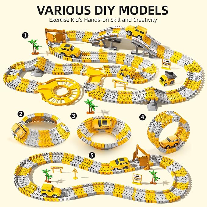 200 Pieces Construction Car Racing Track Playset for Kid 3 4 5 6 7 8 Years Old - Flexible Engineering Railway, Electrical Toy Car for Boy 3-9, Birthday Gifts for Toddler 3-5