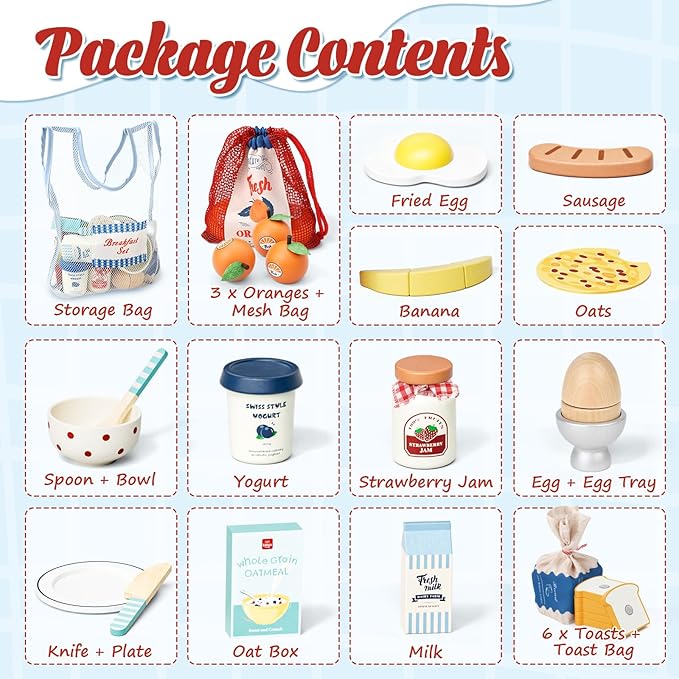 Lehoo Castle Wooden Play Food Set - Montessori Cutting Fruit Egg Bread, Pretend Breakfast Food Toys for Kids Kitchen, Educational Toddler Toys 3-5 Years, with Storage Bag, Birthday Gift for Boys Girls