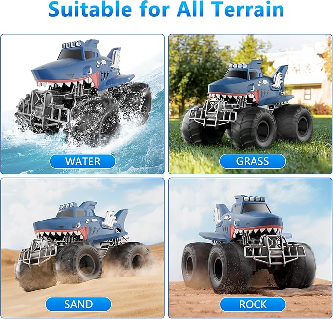 MUYOLO Remote Control Shark Truck, 1:16 Rc Monster Car with 2 Batteries 2.4GHz 4WD Off-Rock All Terrain Waterproof Amphibious Toys, for Christmas Birthday Gifts Presents Kids Boys Girls Ages 6+