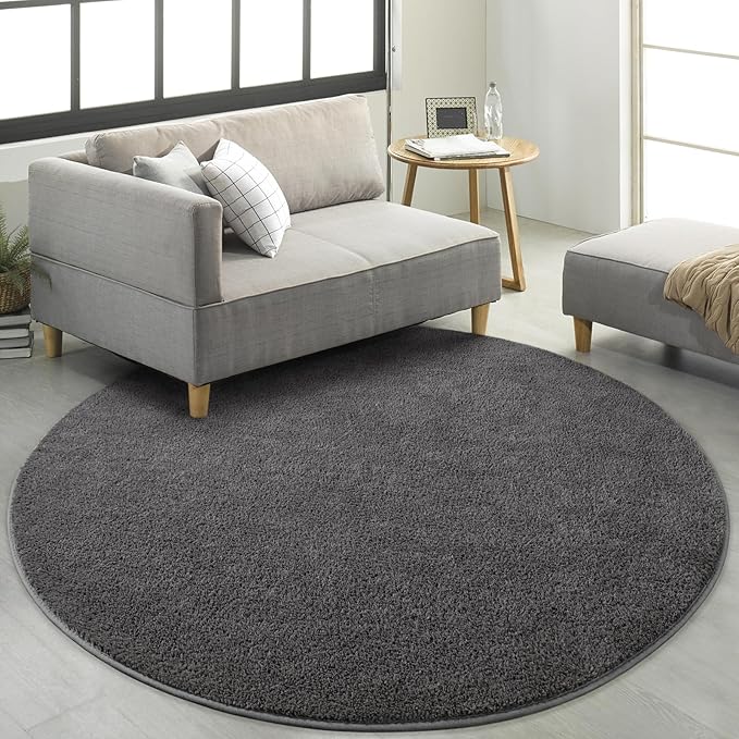FlyDOIT Round Area Rugs for Bedroom Living Room, 5x5 Dark Grey Super Soft Comfy Thickened Memory-Foam Indoor Circle Carpet, Modern Aesthetic Minimalist Carpet for Boys Girls Adults Nursery Home Décor