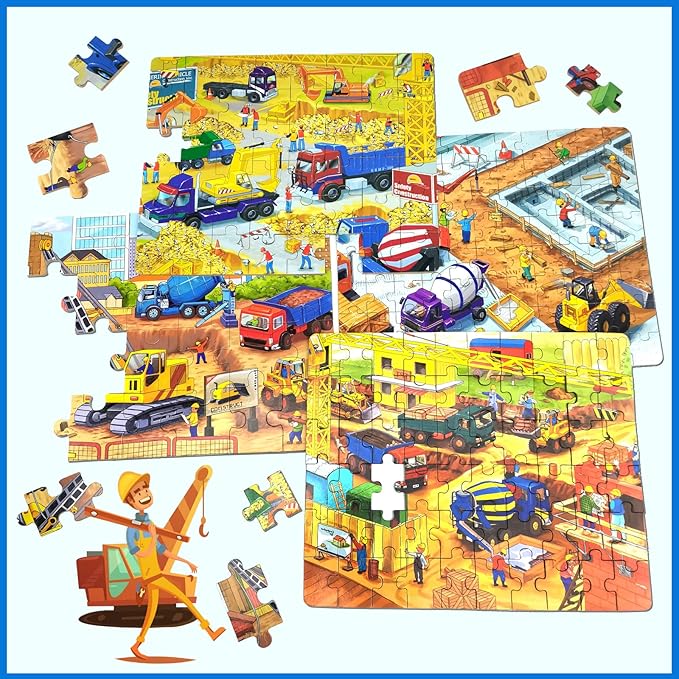 Wooden Puzzles for Kids Ages 4-8, Construction Sites Vehicles 4-in-1 Jigsaw Puzzles in a Wood Storage Box, 24 48 60 88 Pieces Construction Vehicles Puzzles Toys for Toddlers Kids Ages 3 4 5 6