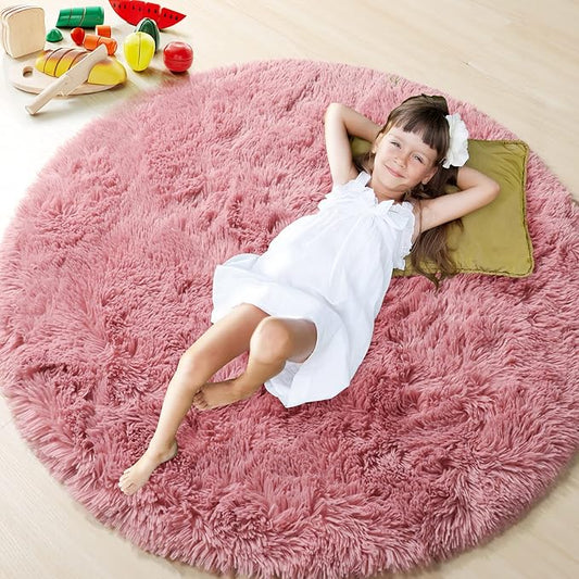 ONASAR Blush Round Area Rugs 5ft, Soft Bedroom Circle Rug Mats for Kids Girls Teen Room, Fluffy Plush Shaggy Carpet for Dorm Nursery Living Room Playroom Home Decor Princess Castle