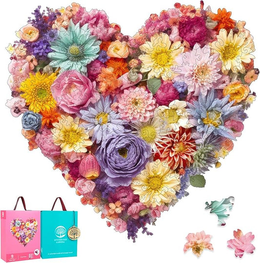 Flower Heart Wooden Jigsaw Puzzle for Adults and Kids 200 Pcs Unique Shape Wood Multicolor Beautiful Box Fun Challenge Brain Health Family Game Creative Gift for Friends Rompecabezas madera