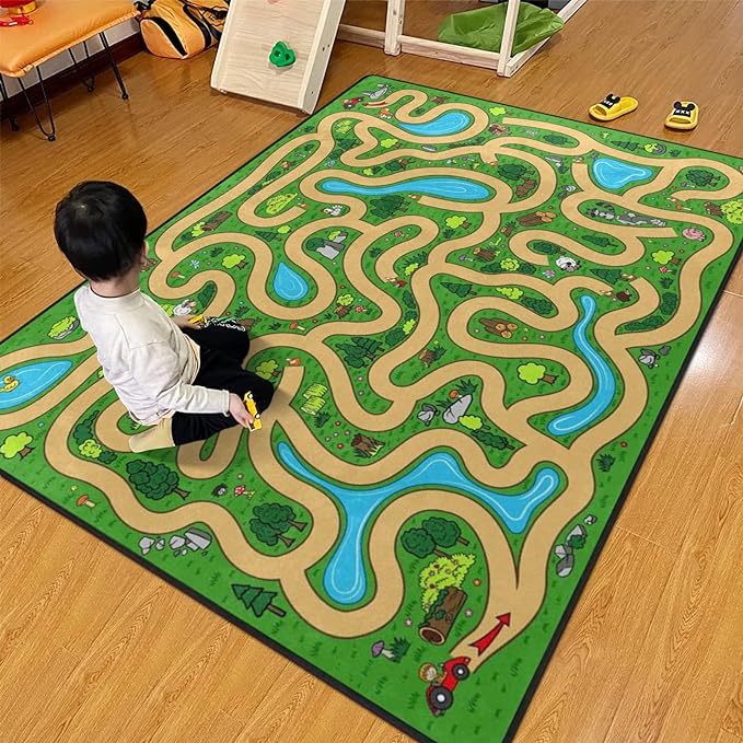 Kids Rug, Cartoon Maze Playmat Rugs - 5x7 Ft Kids Carpet with Rubber Backing, Forest Trees Animal Plant Theme Play Mat Nursery Rugs for Children Bedroom Playroom