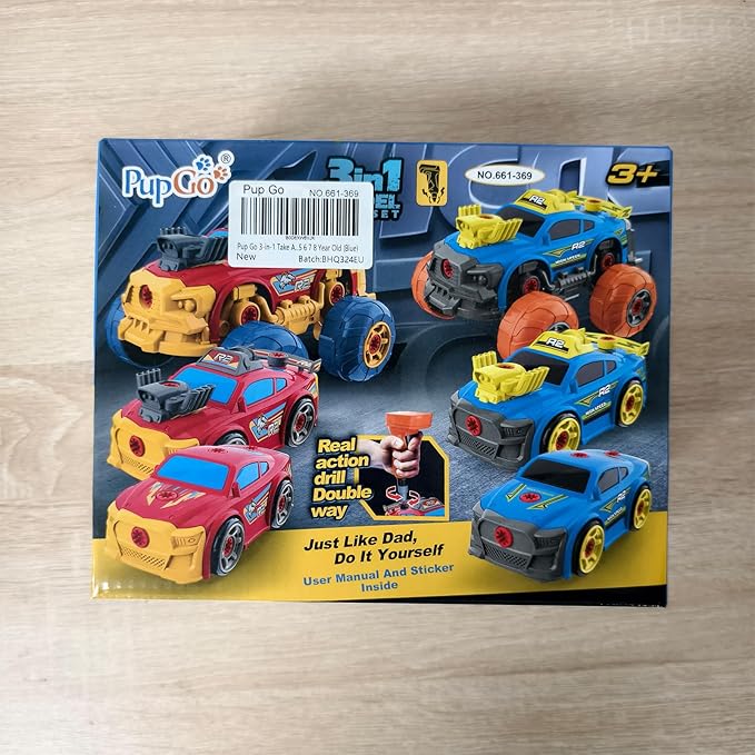 Pup Go 3-in-1 Take Apart Car for Boys with Electric Drill, 46Pcs Construction Toy Truck, Build Your Own Toy Car with Play Tools, Ideal STEM Present for Kids Children Ages 3 4 5 6 7 8 9 Year Old Blue