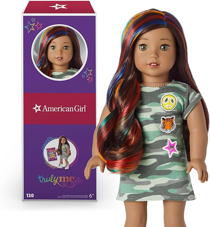 American Girl Truly Me 18-inch Doll #120 with Hazel Eyes, Dark-Brown Hair w/Highlights, Tan Skin, T-shirt Dress, For Ages 6+