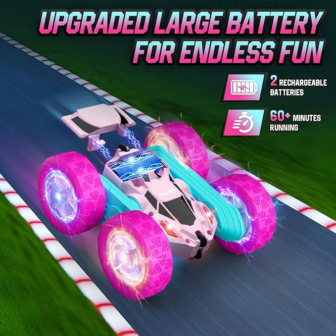 Pink Remote Control Car for Girls 6-12 Year Old Double Sided 360°Rotating 4WD Rechargeable RC Cars Race Stunt Toy Car for Kids Birthday