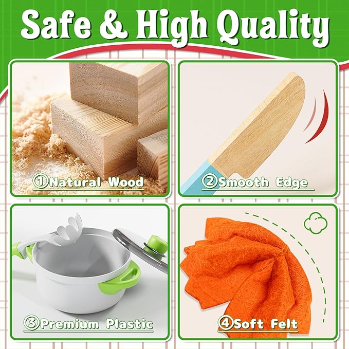 Lehoo Castle Wooden Play Food Sets for Kids Kitchen - Pizza Toy with Pot & Pan, Play Kitchen Accessories, Pretend Cutting Food, Play Dishes & Felt Pasta, Toddler Toys 3-5 Years, Gift for Boys Girls