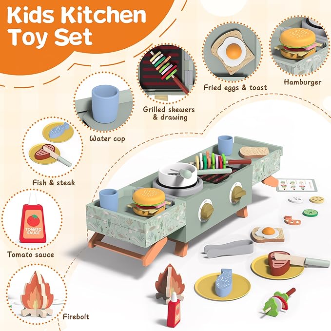 Wooden Kids Grill Playset, Barbecue Kitchen Toy Set for Kid Cooking, BBQ Grill Play Set with Sound Simulation Outdoor Camping Cooking Toys Birthday Gift for Boys Girls