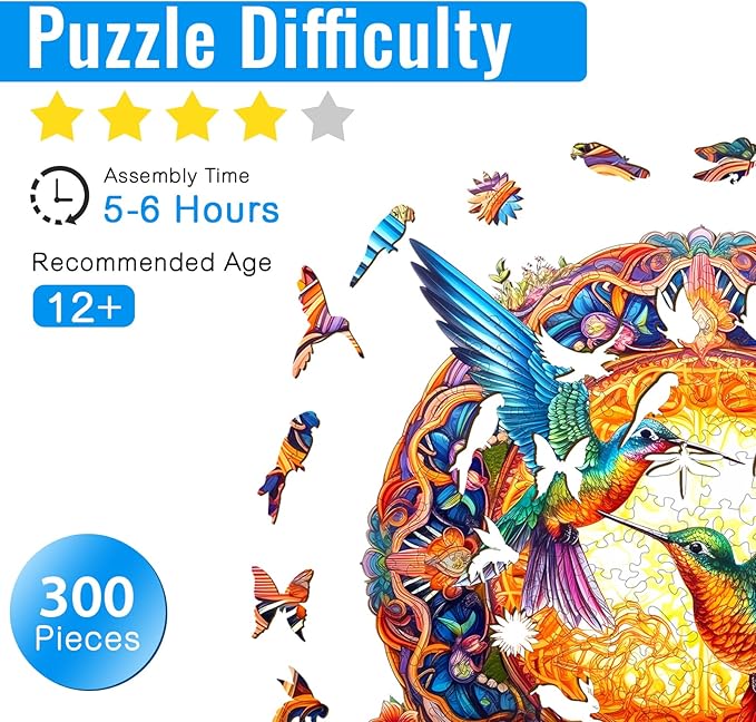 Wooden Puzzles for Adults - Wooden Jigsaw Puzzles for Adults - Hummingbird Puzzle 300 Pieces for Women Relax Puzzles (L-13.8 * 13.8in)