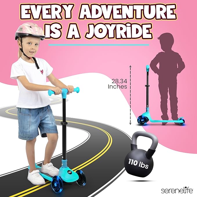SereneLife 3 Wheel Foldable Kids Scooter - Foldable Seat, LED Wheel Lights, Adjustable Handlebar, Rear Foot Brake, Lean-to-Steer, Anti-Slip Deck, Ideal for Toddlers Kids 3+, up to 110Lbs