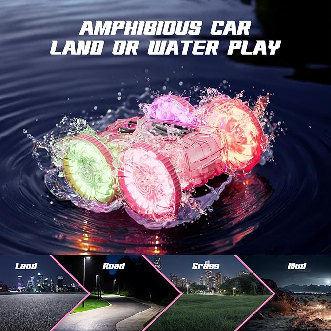 Amphibious Remote Control Car for Water or Land Play, RC Car for Kids Girls with LED Lights 4WD Stunt Car Pink Pool Toys with 70/36Minutes Play 2Batteries,360°Rotation,180°Flip,2.4GHz Remote