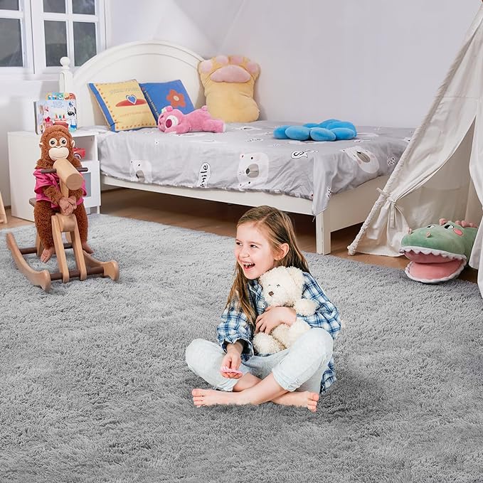 Ultra Soft Rug for Living Room, 8X10 Light Grey Fluffy Shag Area Rug for Bedroom, Modern Shaggy Carpets Fuzzy Rug for Teens Dorm Nursery Home Decor Aesthetic, Upgrade Anti-Skid Durable