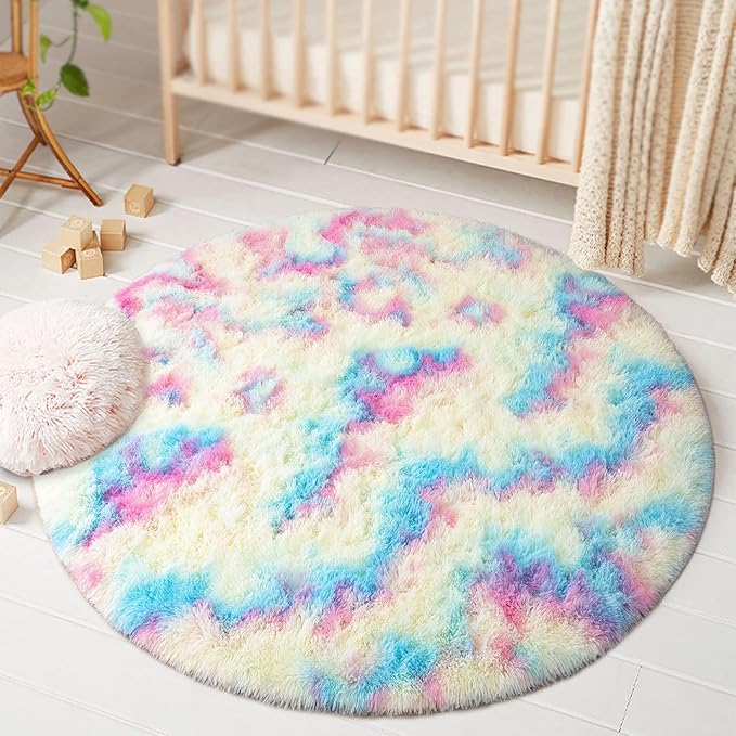 junovo Soft Round Rainbow Area Rugs for Girls Room, Fluffy Colorful Circle Rugs for Kids Bedroom, Cute Circular Rug Princess Castle Plush Shaggy Carpet for Kids Teen Baby Room Nursery Home Decor, 3ft