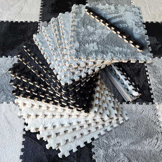 16 Piece Carpet Squares Puzzle Mat 49" x 49" Plush Interlocking Carpet Tiles, Foam Floor Tiles for Baby Play Mat - Kids Soft Play Mats Anti Slip Jigsaw Flooring Playmat Playroom Rug (Black,Gray,White)