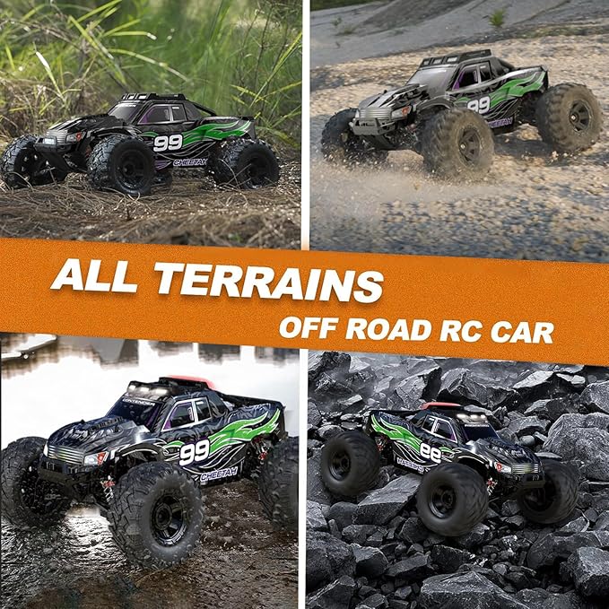 1:10 Large Brush RC Car for Adults, Fast Remote Control Car, 28+ MPH Rc Hobby Truck with Headlights, All Terrain 2.4 Ghz Electric Hobby Rc Cars, 4WD Off Road Monster Truck for Adults-Green