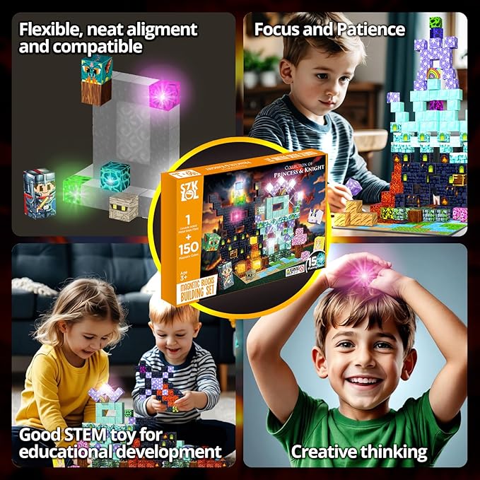 150 PCS Magnetic Building Toys, Magnetic Building Blocks with Light, magnetic cubes Princess & Knight Theme Light Up, STEM Sensory Stacking Build Mine Set for Kid Age 3+ (150pcs with 15 Flashing Cubes