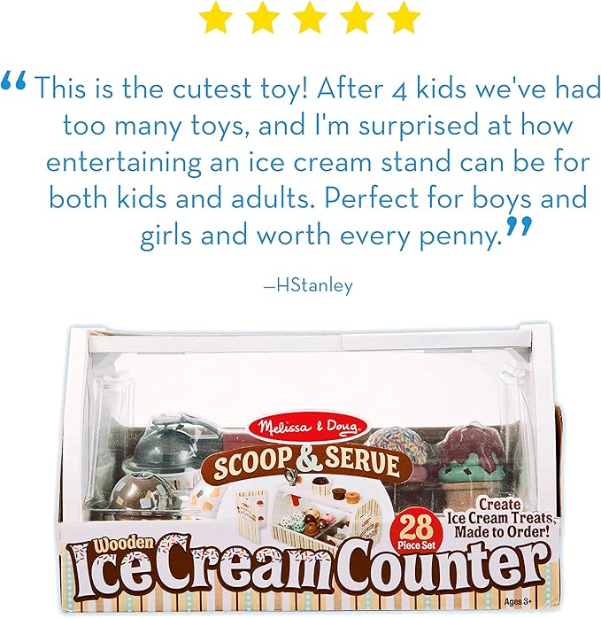 Melissa & Doug Wooden Scoop and Serve Ice Cream Counter With Play Food and Accessories (28 Pcs) Pretend Food, Ice Cream Toys, For Kids Ages 3+