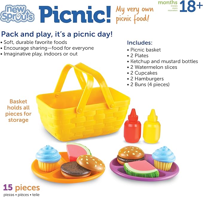 Learning Resources New Sprouts Picnic Set - 15 Pieces, Ages 18+ months, Pretend Play Food for Toddlers, Kitchen Play Toys for Kids