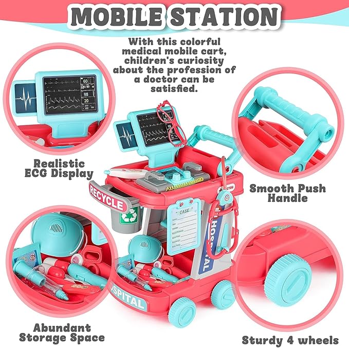 deAO Doctor Kit for Kids Ages 3+, Pretend Doctor Play Set with Doctor Cart, Costume and Stethoscope, Toddlers Doctor Role Playset Medical Kit for Girls Boys (Pink)